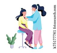 רופא נקבה, ב, מדים, בחון, חולה, עם, סטטוסקופ