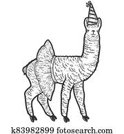 Animal llama, in a skirt and a birthday cap. Sketch scratch board imitation. Animal llama, in a skirt and a birthday cap. Sketch scratch board imitation.