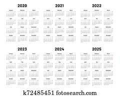 Calendar grid. 2020 2021 and 2022 yearly calendars. 2023, 2024 years organizer and 2025 year weekdays vector illustration set Calendar grid. 2020 2021 and 2022 yearly calendars. 2023, 2024 years organizer and 2025 year weekdays vector illustration set