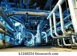 canos, tubos, maquinaria, e, vapor, turbina, em, um, planta poder