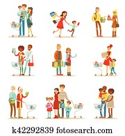 familier, indkøb, ind, stormagasin, og, shopping købecent, sæt, i, cartoon, bogstaverne, købe, produkter, og, emne, ind, den, shop