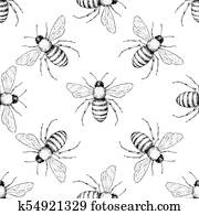 דבורה, וקטור, seamless, pattern., העבר, צייר, חרק, רקע.