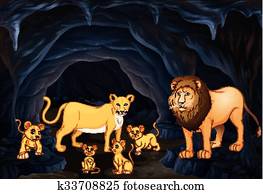 Lion family with four cubs