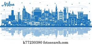 Outline Milan Italy City Skyline with Blue Buildings and Reflections. Outline Milan Italy City Skyline with Blue Buildings and Reflections.