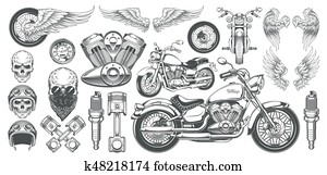 Set of vector illustrations, icons of vintage motorcycle in various angles, skulls, wings Set of vector illustrations, icons of vintage motorcycle in various angles, skulls, wings