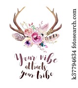 Watercolor floral boho antler print. western bohemian decoratio Watercolor floral boho antler print. western bohemian decoratio