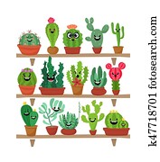 Big set of cute cartoon cactus and succulents with funny faces. Cute stickers or patches or pins collection. plants are friends set. Funny and cute cartoon desert cactus in pots vector set Big set of cute cartoon cactus and succulents with funny faces. Cute stickers or patches or pins collection. plants are friends set. Funny and cute cartoon desert cactus in pots vector set