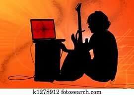 coloridos, silueta, de, menino adolescente, com, guitarra