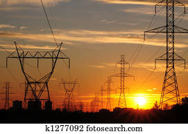 poder, transmissão, &, pôr do sol