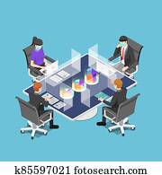 Isometric business team meeting with clear glass partition and wearing mask after pandemic of covid-19