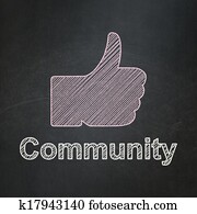 sociaal, netwerk, concept:, duim boven, en, gemeenschap, op, chalkboard, achtergrond
