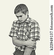 esboço, menino adolescente, linguagem corpo, -, tímido, tímido, unconfident