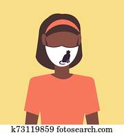 mujer, llevando, protector, máscara cara, con, gato, icono, niebla tóxica, contaminación atmosférica, protección del virus, concepto, muchacha americana africana, perfil, avatar, hembra, caricatura, carácter, retrato, plano