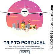 viagem, para, portugal, skyline., vetorial, apartamento, illustration.