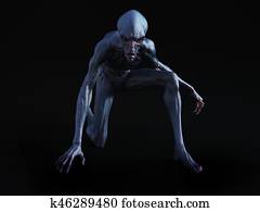 3D rendering of an alien creature crouching.