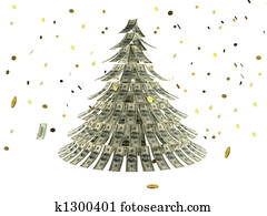 Christmas tree made by dollars with coin as snow