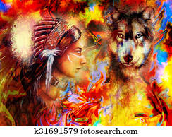 young indian woman wearing with wolf and feather headdress and abstract color background. young indian woman wearing with wolf and feather headdress and abstract color background.