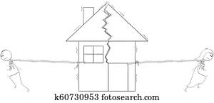 Cartoon of Broken Couple in a Bad Relationship After Divorce is Dividing House in Two parts Cartoon of Broken Couple in a Bad Relationship After Divorce is Dividing House in Two parts