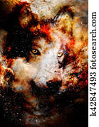 magical space wolf, multicolor computer graphic collage. Space fire.