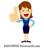 mulher negócio, com, dela, polegares cima, sinal mão
