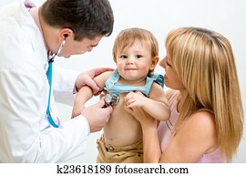 Pediatrician doctor examining child. Mother holding baby. Pediatrician doctor examining child. Mother holding baby.