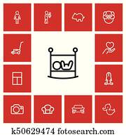 Set Of 13 Editable Family Outline Icons. Includes Symbols Such As Grandfather, Balcony, Photo Device. Can Be Used For Web, Mobile, UI And Infographic Design.