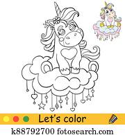 söt, baby, enhörning, sittande, på, moln, kolorit