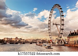 London, England the UK skyline. The London Eye
