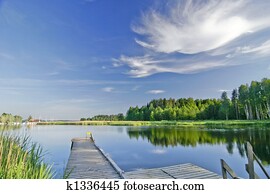 pacata, lago, sob, vívido, céu, em, verão