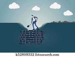 Business man digging a hole in the ground to search for useful information. Concept for data mining and business intelligence Business man digging a hole in the ground to search for useful information. Concept for data mining and business intelligence