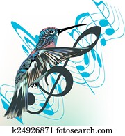 Music background with notes, treble clef and hummingbird Music background with notes, treble clef and hummingbird