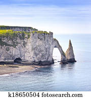Etretat Aval cliff, rocks and natural arch landmark and blue ocean. Aerial view. Normandy, France, Europe.
