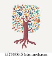 mano, dibujado, handprint, árbol, para, comunidad, ayuda