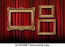 Red Stage Theater Curtains With 3 Hanging Gold Frames Red Stage Theater Curtains With 3 Hanging Gold Frames