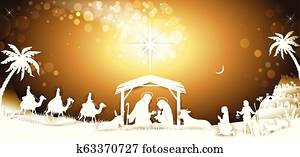 dass, heilig, familie, mit, koenig, weise männer, auf, goldenes, himmel, spruchbaender