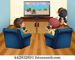 Kids playing computer game at home