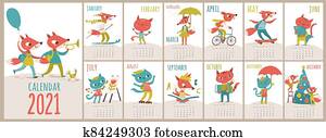 Vector 2021 calendar template with cats and foxes in kids cartoon style Vector 2021 calendar template with cats and foxes in kids cartoon style