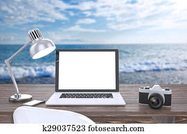 3D illustration laptop on table, Workspace 3D illustration laptop on table, Workspace