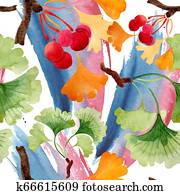 Ginkgo biloba green and yellow leaves. Watercolor background illustration set. Seamless background pattern. Ginkgo biloba green and yellow leaves. Watercolor background illustration set. Seamless background pattern.