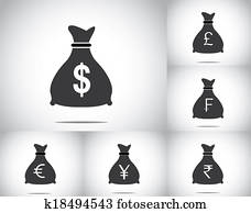 money bag set collection with different currencies - american dollar, british sterling pound, swiss francs, euro, japanese yen and indian rupees - concept design illustration art money bag set collection with different currencies - american dollar, british sterling pound, swiss francs, euro, japanese yen and indian rupees - concept design illustration art