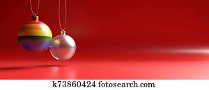 Xmas and rainbow balls against red color curved background, banner. 3d illustration Xmas and rainbow balls against red color curved background, banner. 3d illustration