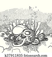 Graphic octopus and coral reef Graphic octopus and coral reef