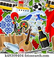 portugal, seamless, padrão, com, stickers., português, nacional, tradicional, símbolos, e, objetos portugal, seamless, padrão, com, stickers., português, nacional, tradicional, símbolos, e, objetos