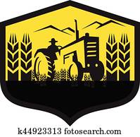 traktor, ernten, weizenlandwirtschaftlicher betrieb, wappen, früher traktor, ernten, weizenlandwirtschaftlicher betrieb, wappen, früher
