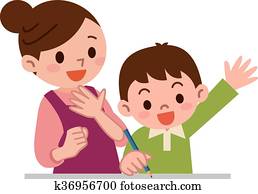 אמא, ללמד, למד, ל, ילדים