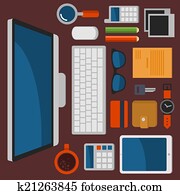 büro, arbeitsplatz, draufsicht, in, flache, design, vektor