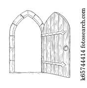 Cartoon Drawing Of Open Wooden Medieval Decision Door