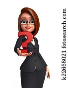 joven, mujer de negocios, con, signo de interrogación, señal