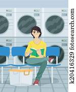 menino, esperando, em, a, laundromat