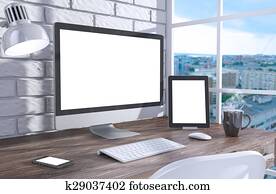 3D illustration PC screen on table in office, Workspace 3D illustration PC screen on table in office, Workspace